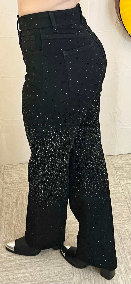 Pantalon noir taille haute décoré de strass ref: 202513030004